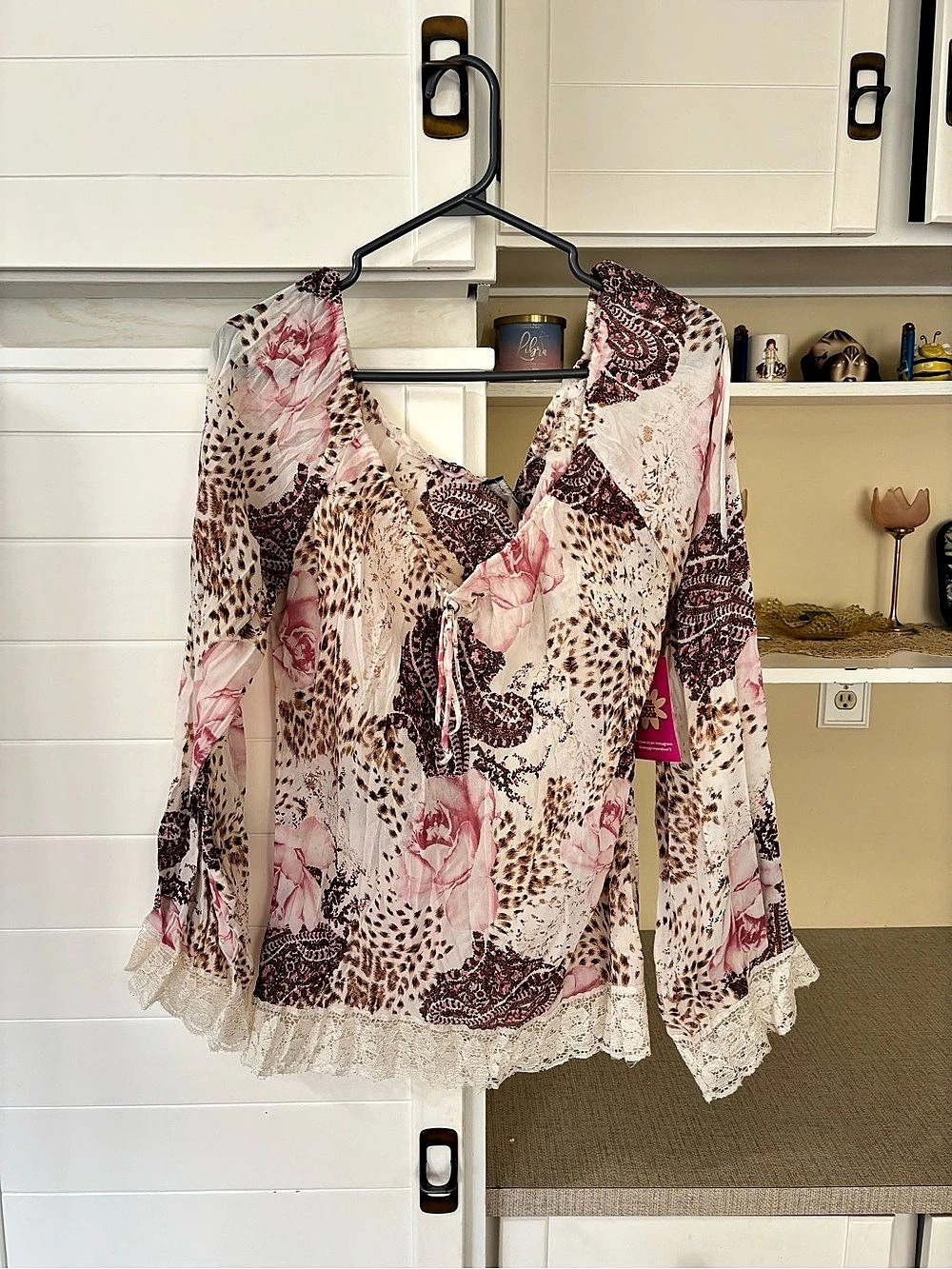 Vintage Floral Animal Print Lace Trim Blouse
